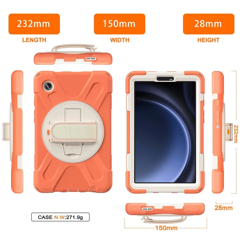 For Samsung Galaxy Tab A9 Case Rotary Kickstand PC+Silicone Hand Strap Tablet Cover - Orange