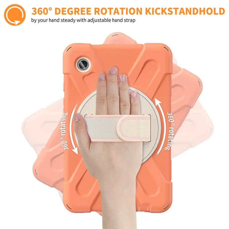 For Samsung Galaxy Tab A9 Case Rotary Kickstand PC+Silicone Hand Strap Tablet Cover - Orange