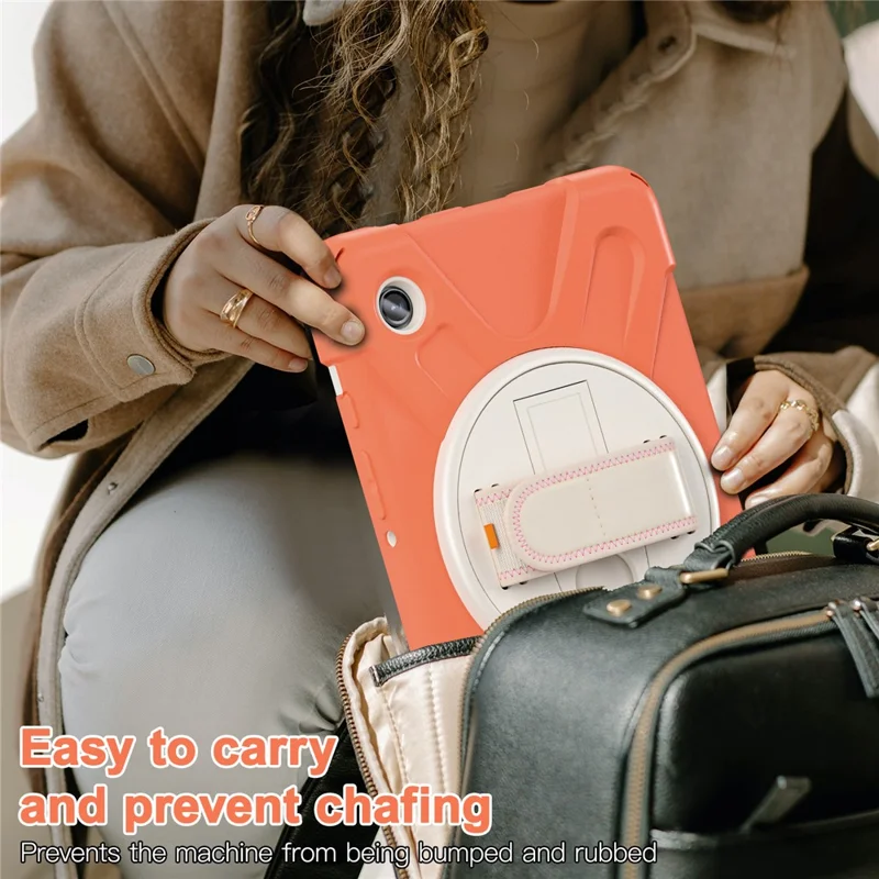 For Samsung Galaxy Tab A9 Case Rotary Kickstand PC+Silicone Hand Strap Tablet Cover - Orange