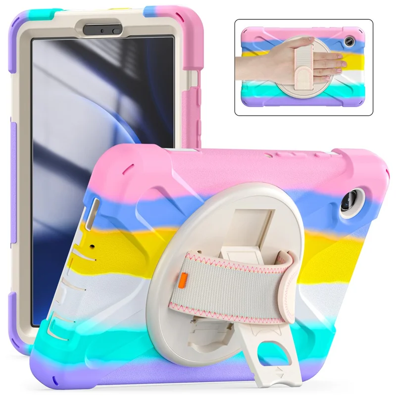 For Samsung Galaxy Tab A9 Case Rotary Kickstand PC+Silicone Hand Strap Tablet Cover - Colorful Pink