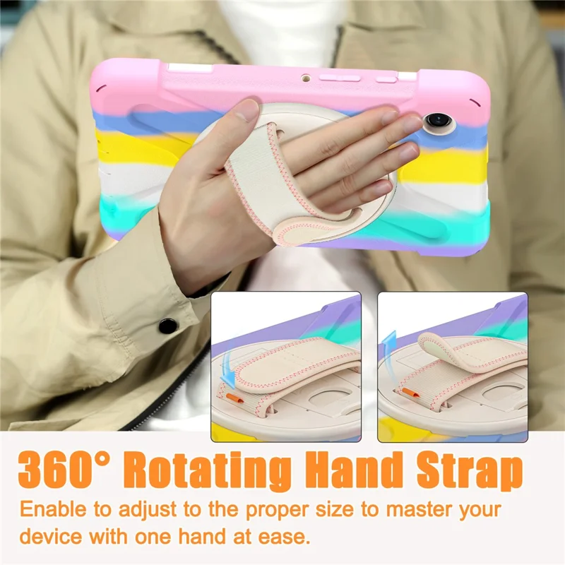 For Samsung Galaxy Tab A9 Case Rotary Kickstand PC+Silicone Hand Strap Tablet Cover - Colorful Pink