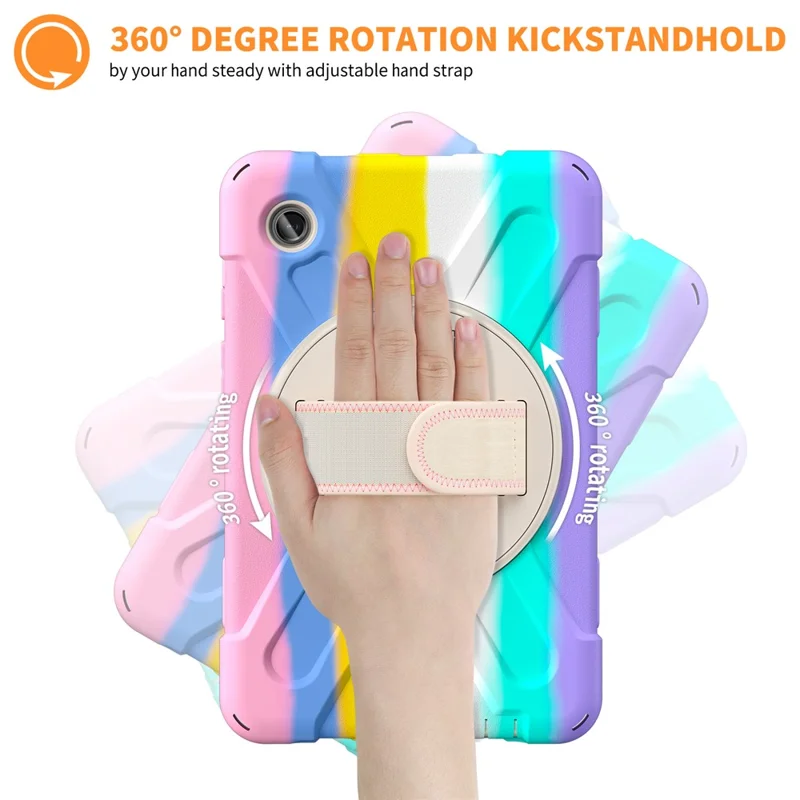 For Samsung Galaxy Tab A9 Case Rotary Kickstand PC+Silicone Hand Strap Tablet Cover - Colorful Pink