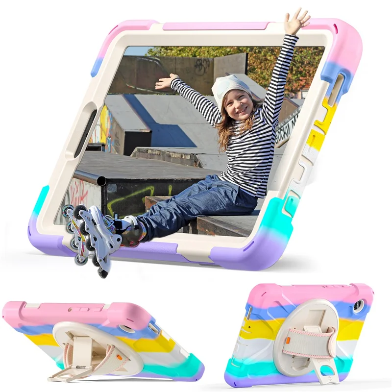 For Samsung Galaxy Tab A9 Case Rotary Kickstand PC+Silicone Hand Strap Tablet Cover - Colorful Pink