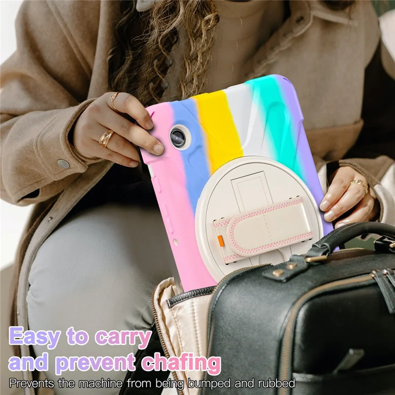 For Samsung Galaxy Tab A9 Case Rotary Kickstand PC+Silicone Hand Strap Tablet Cover - Colorful Pink