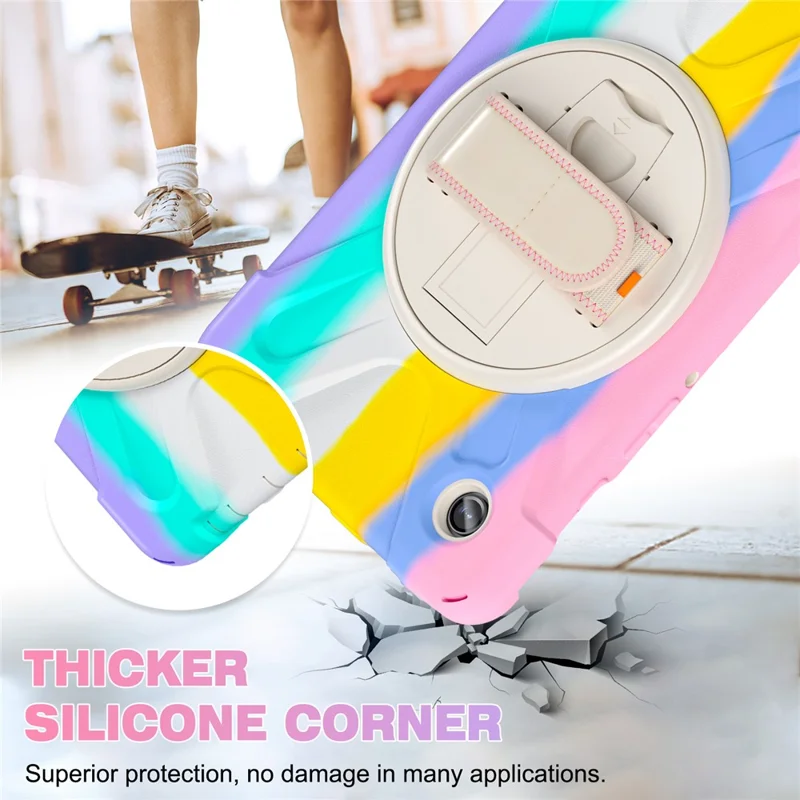 For Samsung Galaxy Tab A9 Case Rotary Kickstand PC+Silicone Hand Strap Tablet Cover - Colorful Pink