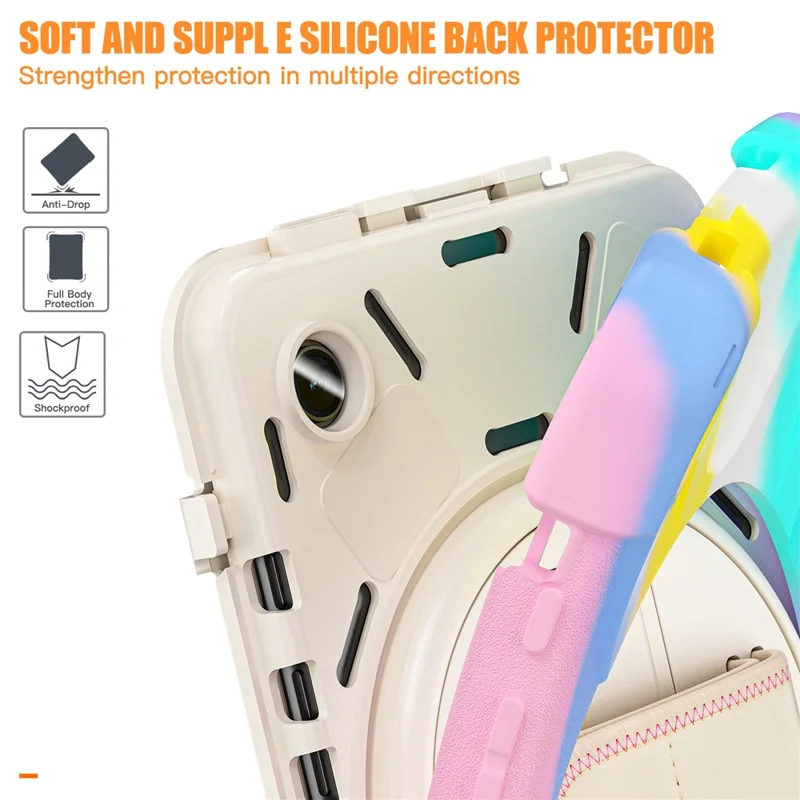 For Samsung Galaxy Tab A9 Case Rotary Kickstand PC+Silicone Hand Strap Tablet Cover - Colorful Pink