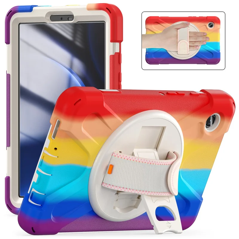 For Samsung Galaxy Tab A9 Case Rotary Kickstand PC+Silicone Hand Strap Tablet Cover - Colorful Red