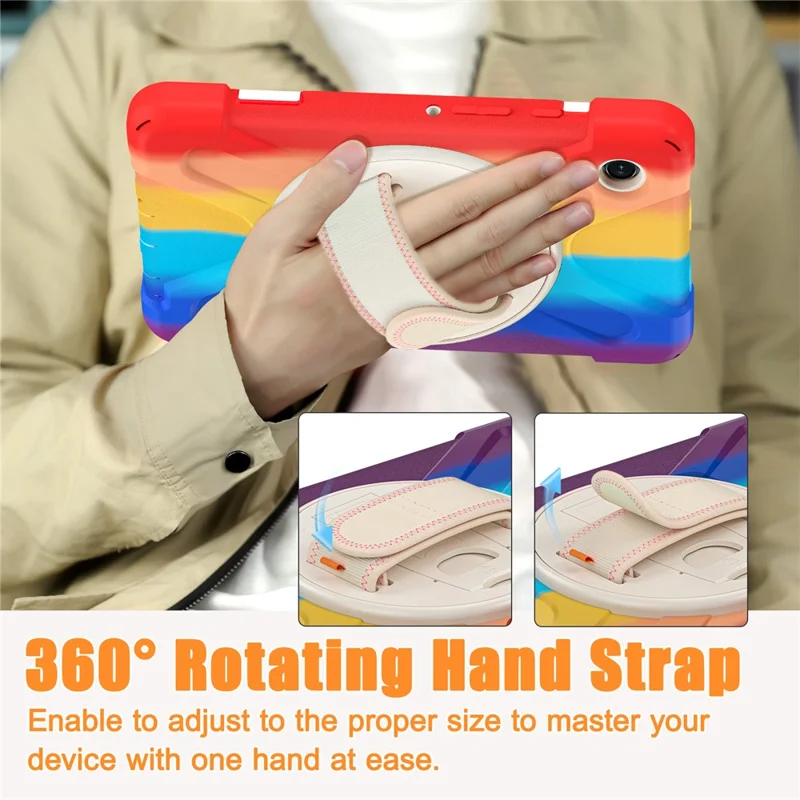 For Samsung Galaxy Tab A9 Case Rotary Kickstand PC+Silicone Hand Strap Tablet Cover - Colorful Red