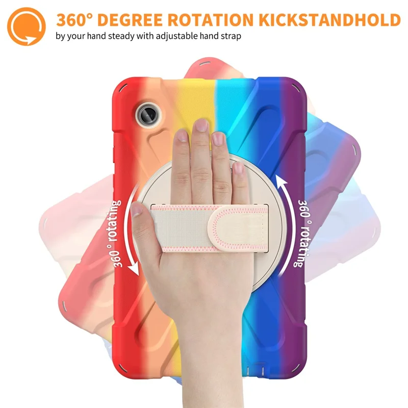 For Samsung Galaxy Tab A9 Case Rotary Kickstand PC+Silicone Hand Strap Tablet Cover - Colorful Red