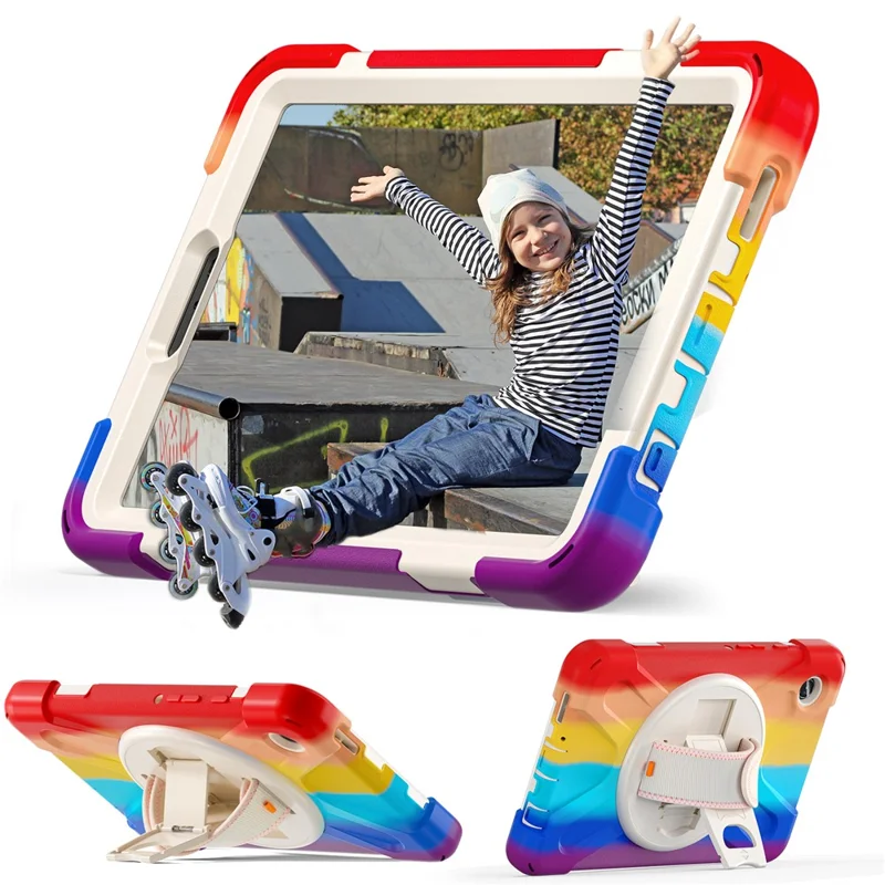 For Samsung Galaxy Tab A9 Case Rotary Kickstand PC+Silicone Hand Strap Tablet Cover - Colorful Red