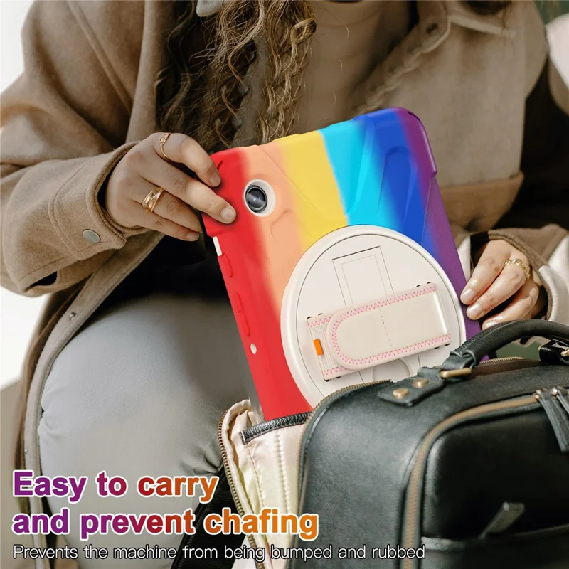 For Samsung Galaxy Tab A9 Case Rotary Kickstand PC+Silicone Hand Strap Tablet Cover - Colorful Red