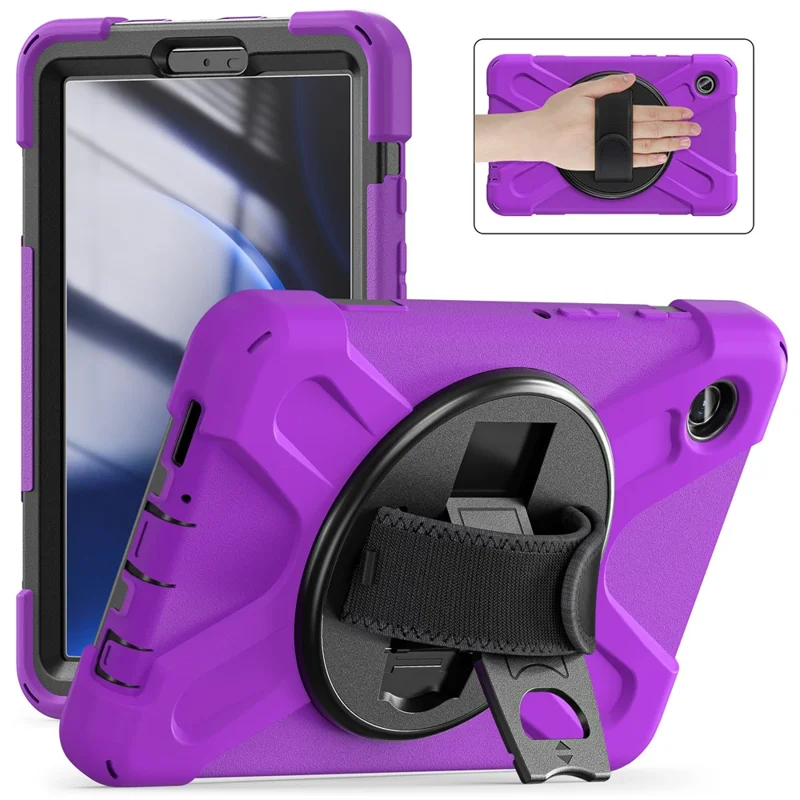 For Samsung Galaxy Tab A9 Case Rotary Kickstand PC+Silicone Hand Strap Tablet Cover - Purple