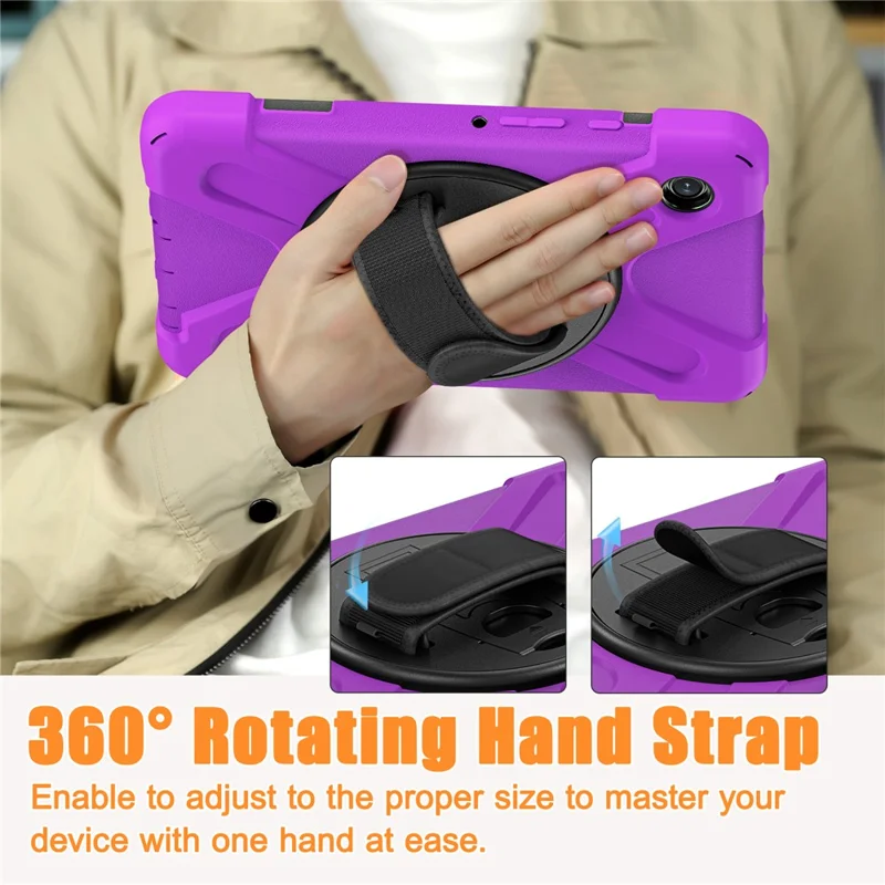 For Samsung Galaxy Tab A9 Case Rotary Kickstand PC+Silicone Hand Strap Tablet Cover - Purple