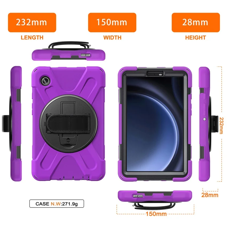 For Samsung Galaxy Tab A9 Case Rotary Kickstand PC+Silicone Hand Strap Tablet Cover - Purple
