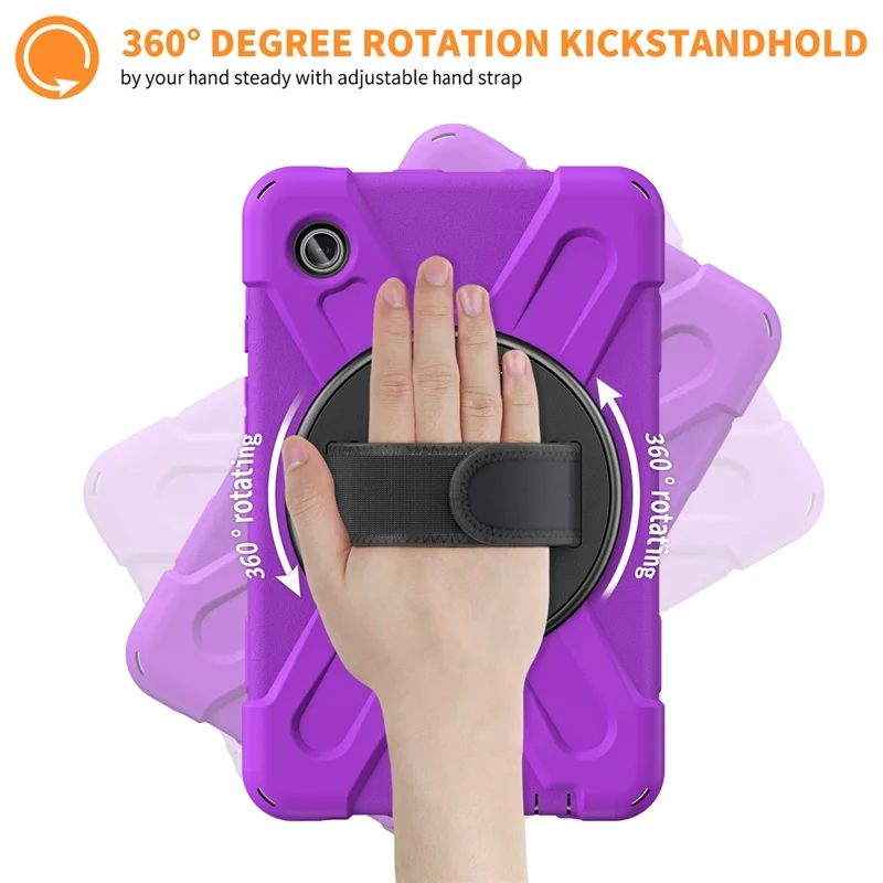 For Samsung Galaxy Tab A9 Case Rotary Kickstand PC+Silicone Hand Strap Tablet Cover - Purple