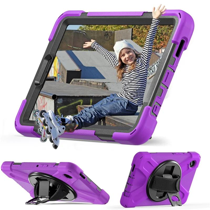 For Samsung Galaxy Tab A9 Case Rotary Kickstand PC+Silicone Hand Strap Tablet Cover - Purple