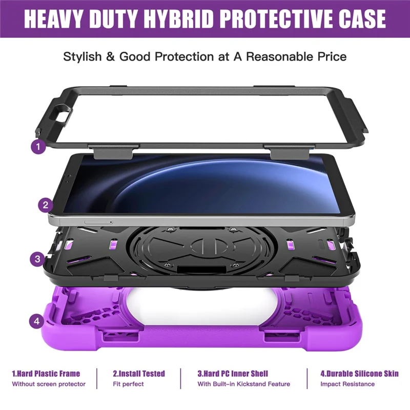 For Samsung Galaxy Tab A9 Case Rotary Kickstand PC+Silicone Hand Strap Tablet Cover - Purple