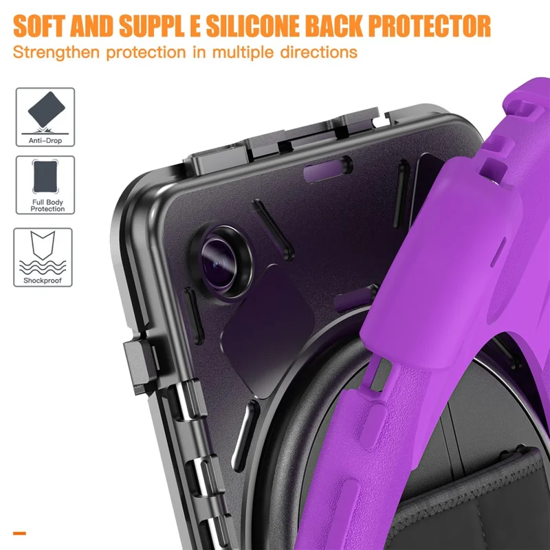 For Samsung Galaxy Tab A9 Case Rotary Kickstand PC+Silicone Hand Strap Tablet Cover - Purple
