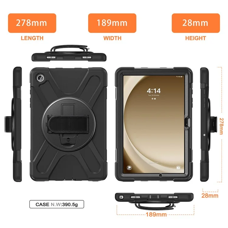 For Samsung Galaxy Tab A9+ Case PC+Silicone Rotary Kickstand Cover with Hand Strap - Black