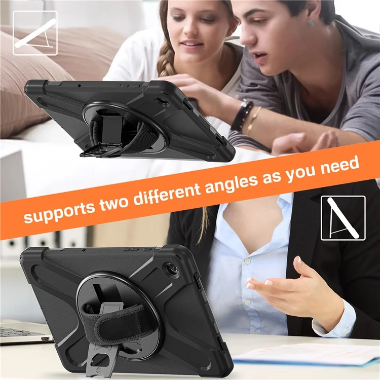 Pour Samsung Galaxy Tab a9 + Case pc + Couvercle Rotatif en Silicone Avec Sangle à Main - Noir