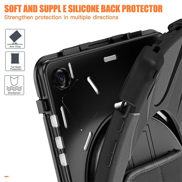 Para Samsung Galaxy Tab A9+ Case Pc+ Silicona Cubierta de Pata Giratoria Con Correa de Mano - Negro