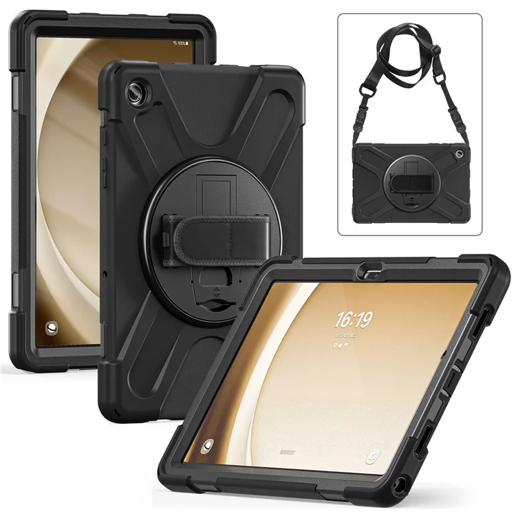 For Samsung Galaxy Tab A9+ Case PC+Silicone Kickstand Tablet Cover with Hand Band / Shoulder Strap - Black