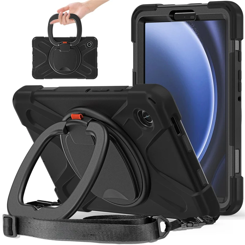 For Samsung Galaxy Tab A9 Case Rotary Kickstand PC+Silicone Cover with Shoulder Strap - Black+Black