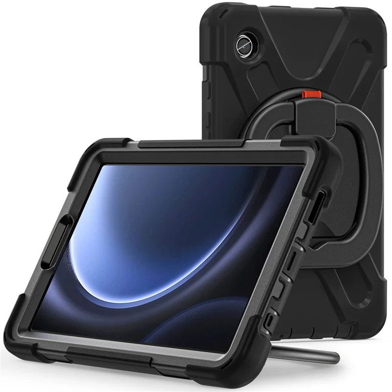 For Samsung Galaxy Tab A9 Case Rotary Kickstand PC+Silicone Cover with Shoulder Strap - Black+Black