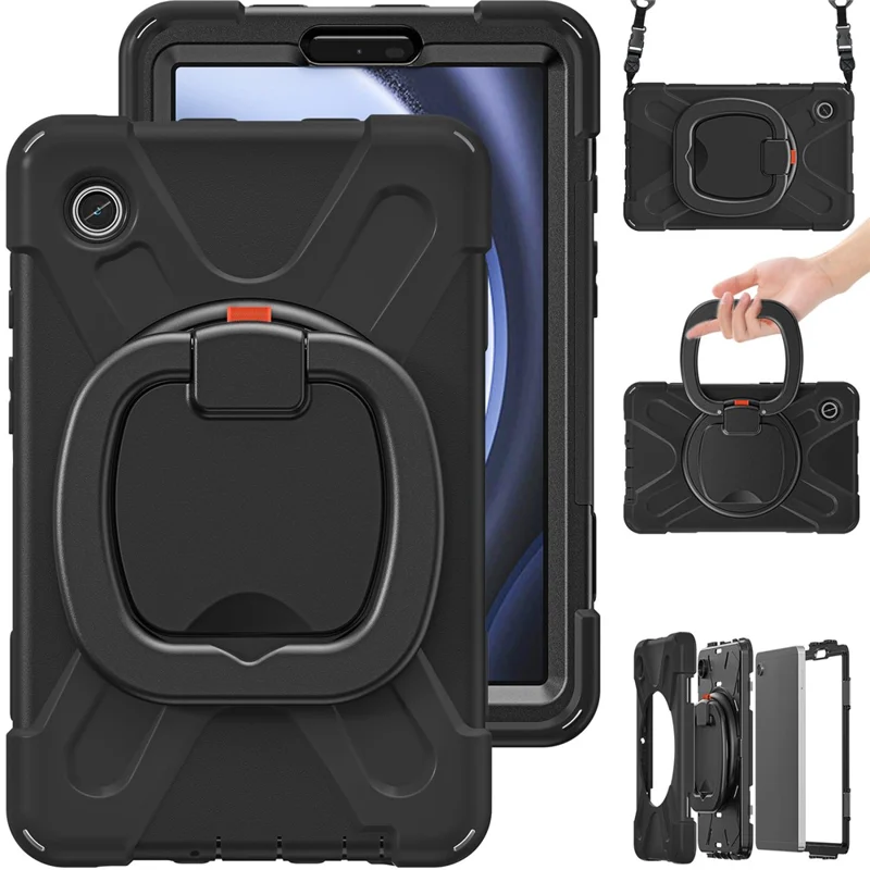 For Samsung Galaxy Tab A9 Case Rotary Kickstand PC+Silicone Cover with Shoulder Strap - Black+Black