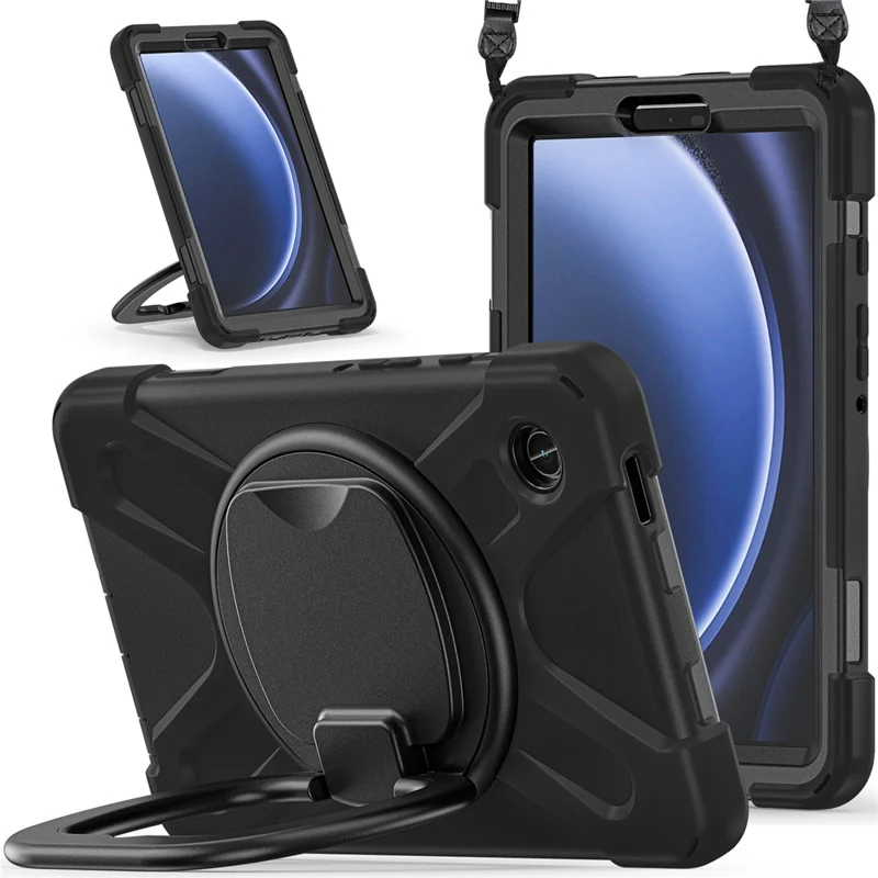 For Samsung Galaxy Tab A9 Case Rotary Kickstand PC+Silicone Cover with Shoulder Strap - Black+Black