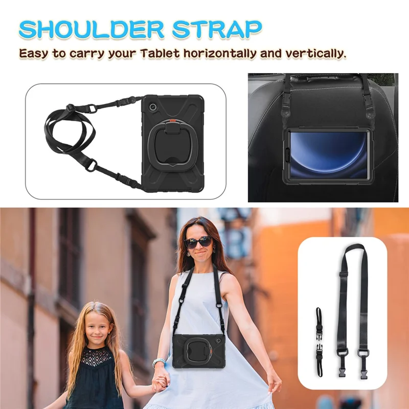 For Samsung Galaxy Tab A9 Case Rotary Kickstand PC+Silicone Cover with Shoulder Strap - Black+Black