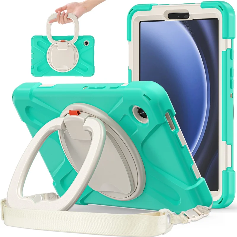 For Samsung Galaxy Tab A9 Case Rotary Kickstand PC+Silicone Cover with Shoulder Strap - Mint Green