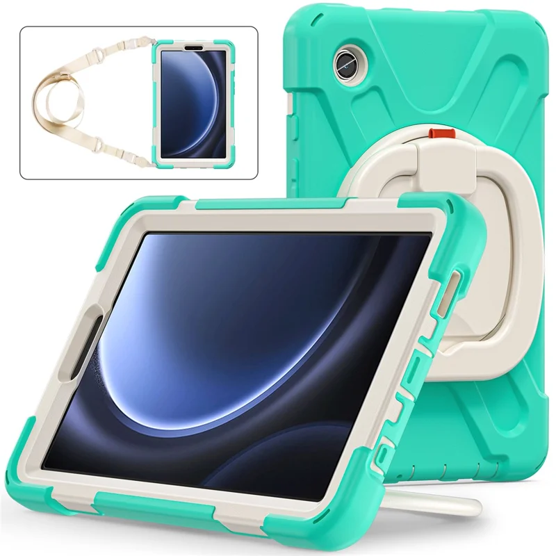 For Samsung Galaxy Tab A9 Case Rotary Kickstand PC+Silicone Cover with Shoulder Strap - Mint Green