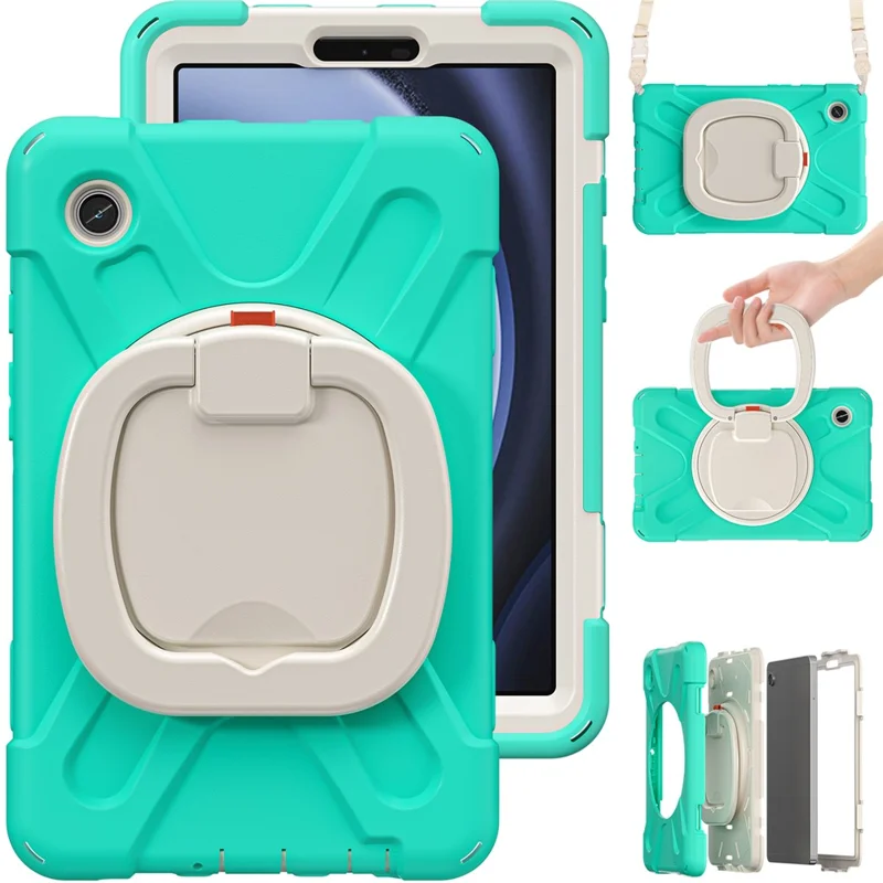 For Samsung Galaxy Tab A9 Case Rotary Kickstand PC+Silicone Cover with Shoulder Strap - Mint Green