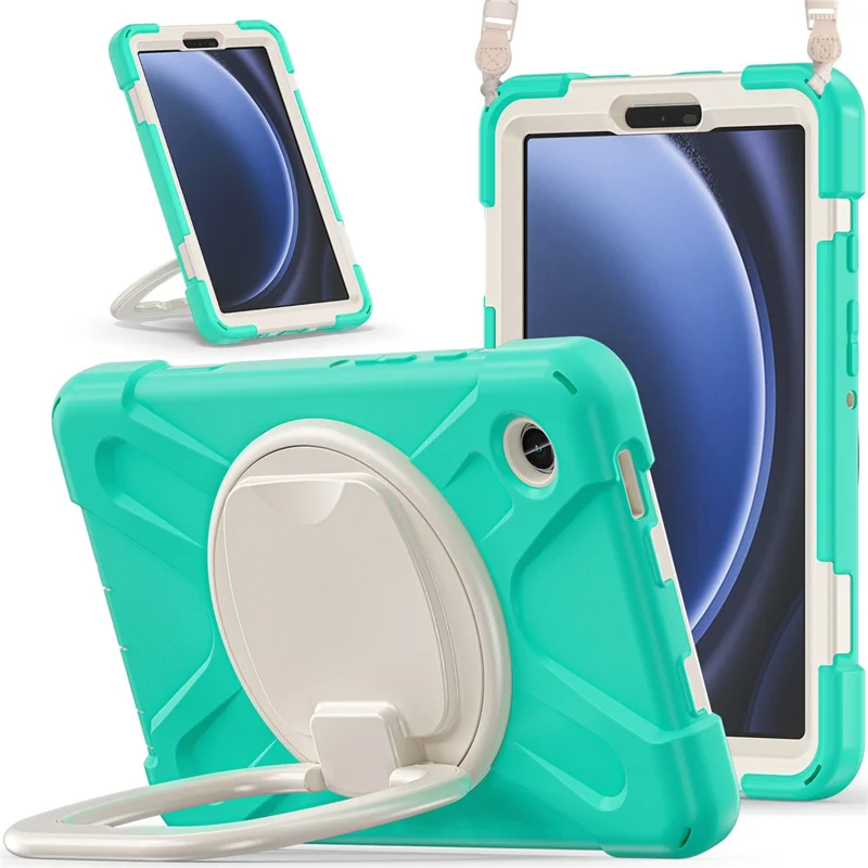 For Samsung Galaxy Tab A9 Case Rotary Kickstand PC+Silicone Cover with Shoulder Strap - Mint Green