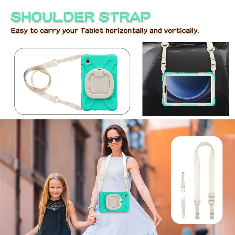 For Samsung Galaxy Tab A9 Case Rotary Kickstand PC+Silicone Cover with Shoulder Strap - Mint Green