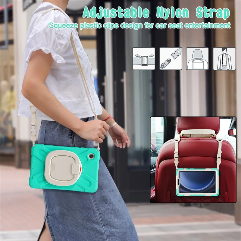 For Samsung Galaxy Tab A9 Case Rotary Kickstand PC+Silicone Cover with Shoulder Strap - Mint Green