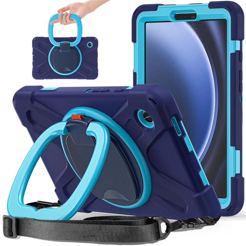 For Samsung Galaxy Tab A9 Case Rotary Kickstand PC+Silicone Cover with Shoulder Strap - Black+Blue