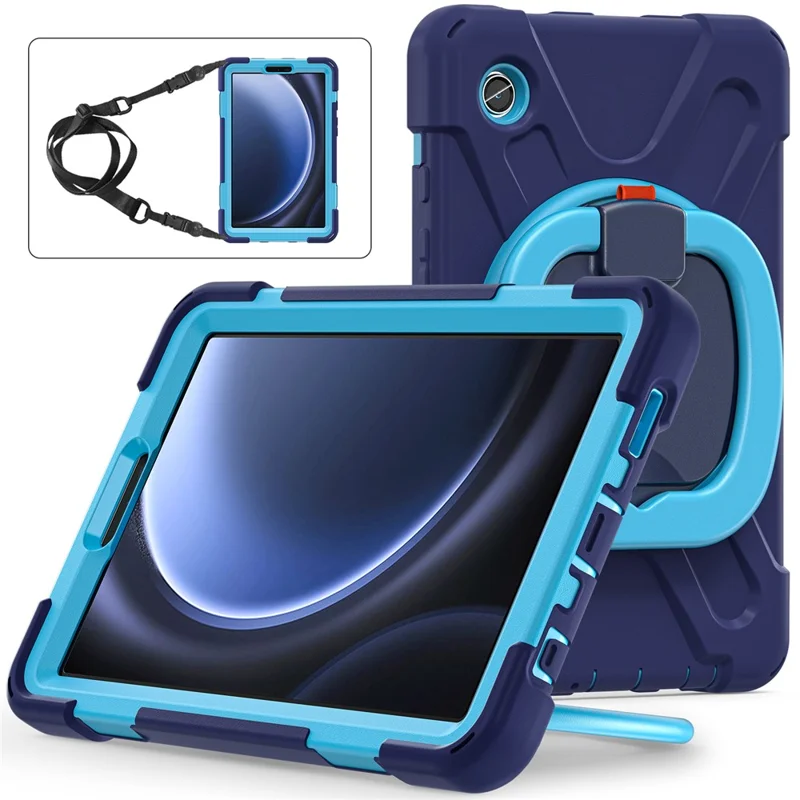 For Samsung Galaxy Tab A9 Case Rotary Kickstand PC+Silicone Cover with Shoulder Strap - Black+Blue