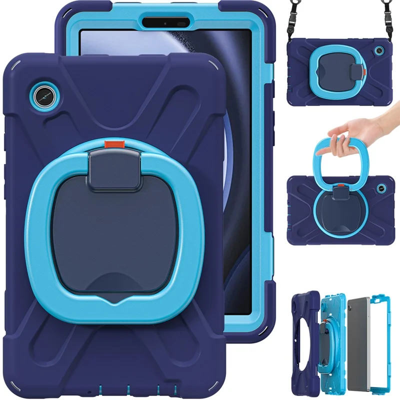For Samsung Galaxy Tab A9 Case Rotary Kickstand PC+Silicone Cover with Shoulder Strap - Black+Blue