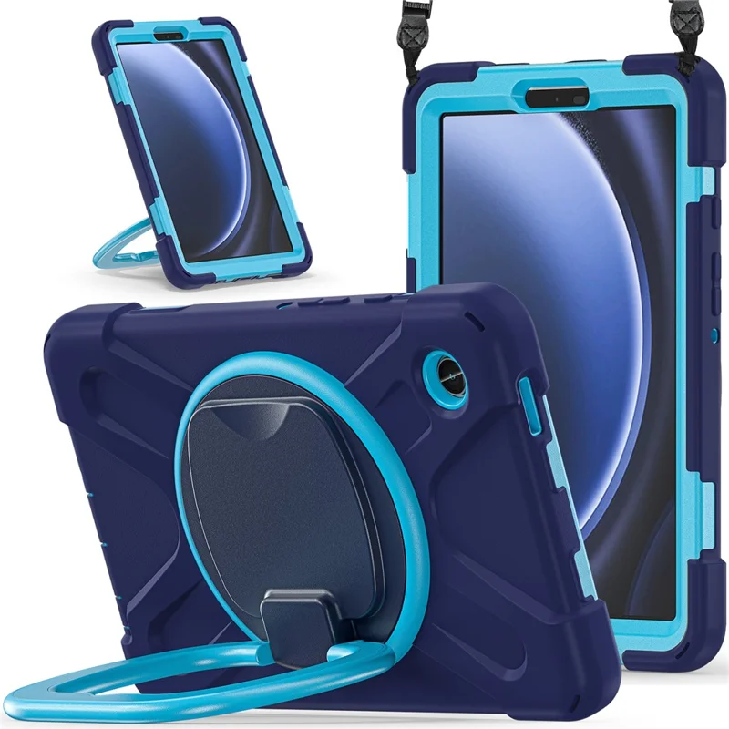 For Samsung Galaxy Tab A9 Case Rotary Kickstand PC+Silicone Cover with Shoulder Strap - Black+Blue