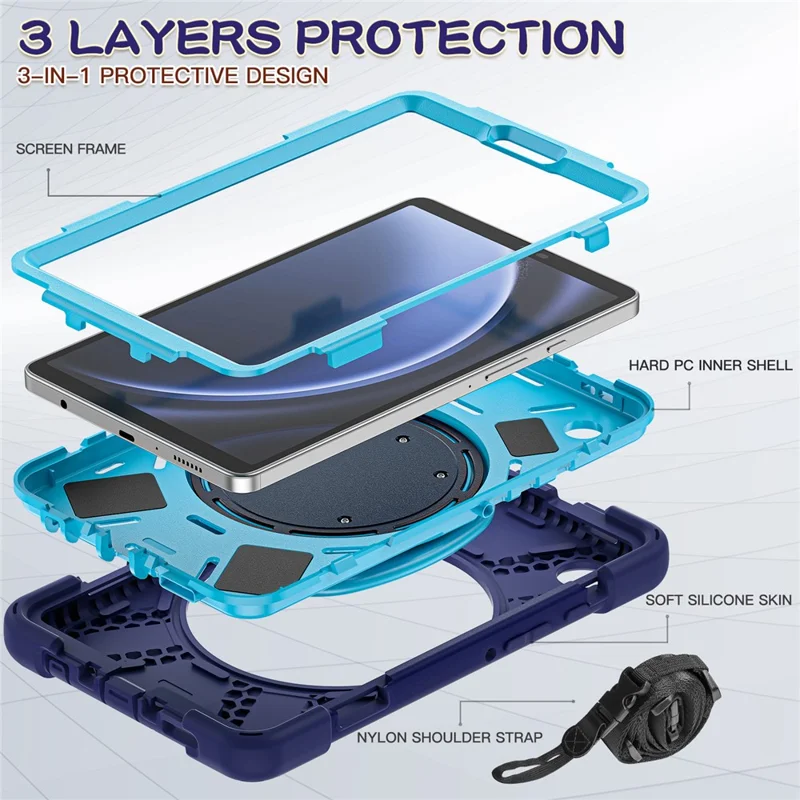 For Samsung Galaxy Tab A9 Case Rotary Kickstand PC+Silicone Cover with Shoulder Strap - Black+Blue
