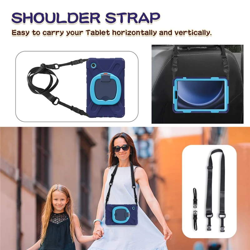 For Samsung Galaxy Tab A9 Case Rotary Kickstand PC+Silicone Cover with Shoulder Strap - Black+Blue