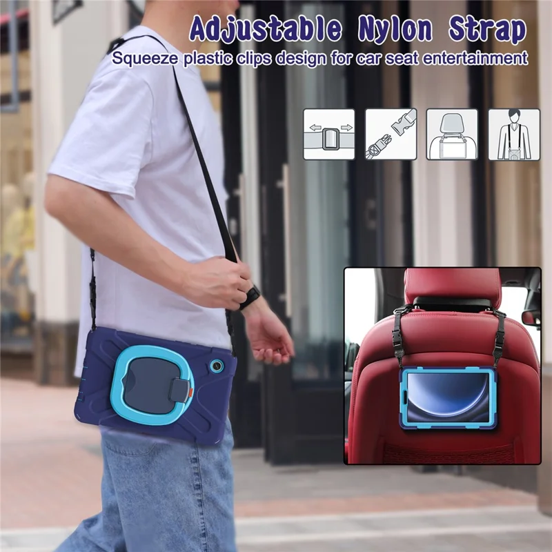 For Samsung Galaxy Tab A9 Case Rotary Kickstand PC+Silicone Cover with Shoulder Strap - Black+Blue