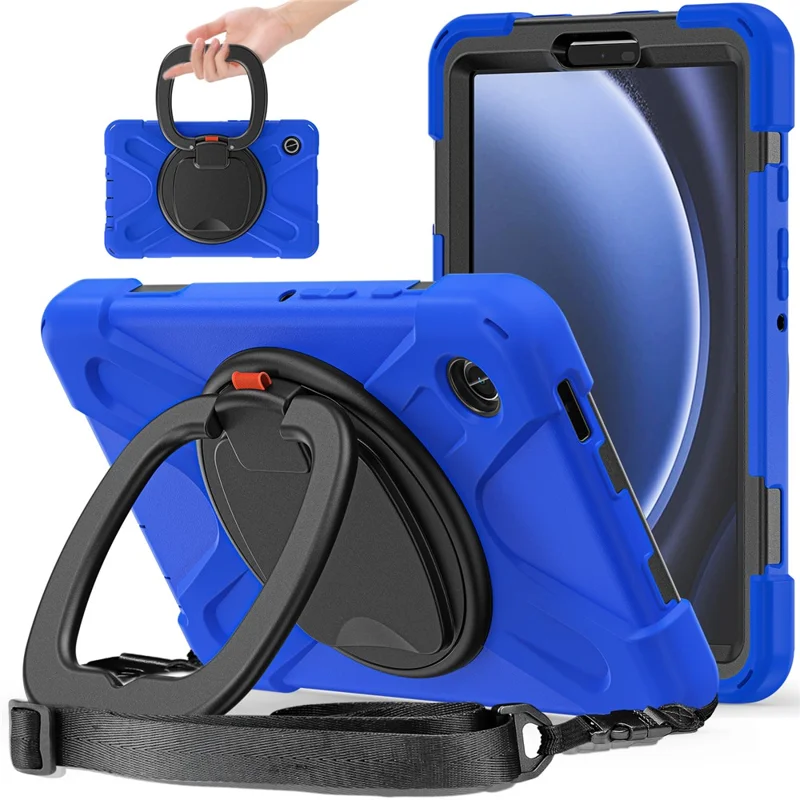 For Samsung Galaxy Tab A9 Case Rotary Kickstand PC+Silicone Cover with Shoulder Strap - Blue+Black