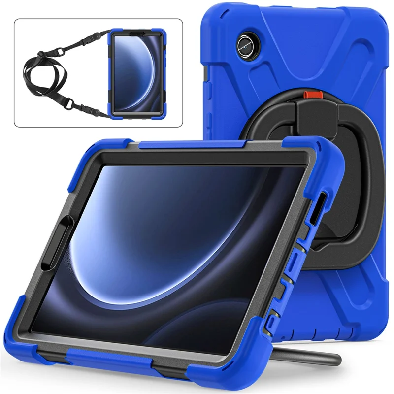 For Samsung Galaxy Tab A9 Case Rotary Kickstand PC+Silicone Cover with Shoulder Strap - Blue+Black