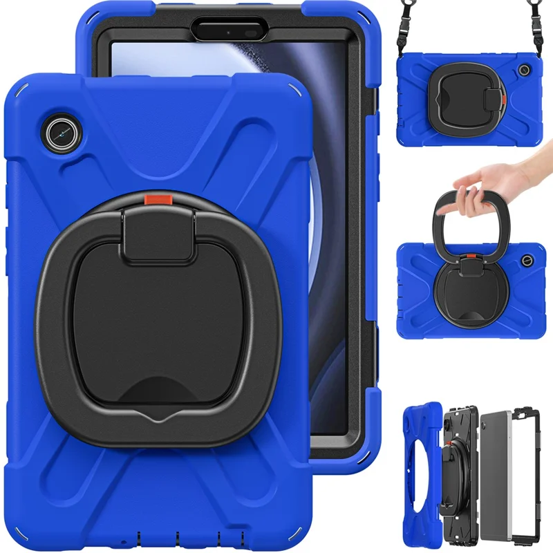 For Samsung Galaxy Tab A9 Case Rotary Kickstand PC+Silicone Cover with Shoulder Strap - Blue+Black