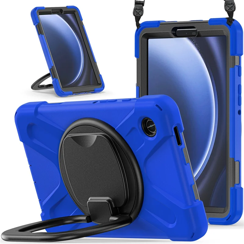 For Samsung Galaxy Tab A9 Case Rotary Kickstand PC+Silicone Cover with Shoulder Strap - Blue+Black