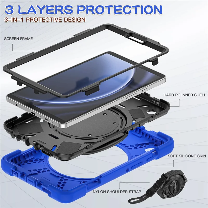 For Samsung Galaxy Tab A9 Case Rotary Kickstand PC+Silicone Cover with Shoulder Strap - Blue+Black