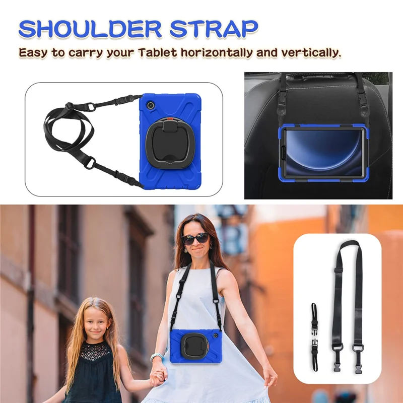 For Samsung Galaxy Tab A9 Case Rotary Kickstand PC+Silicone Cover with Shoulder Strap - Blue+Black